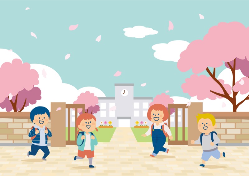 桜の木と学校に通う小学生のイラスト